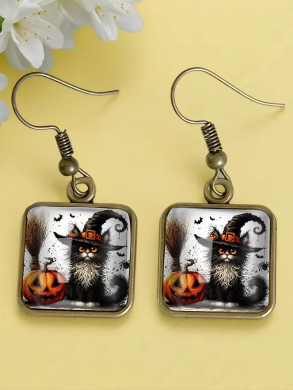 Halloween Cat Pumpkin Drop Earrings in Black and Orange